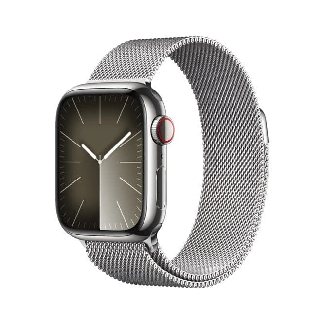 ساعة Apple Watch Series 9 GPS + Cellular بهيكل ستانلس ستيل باللون فضي